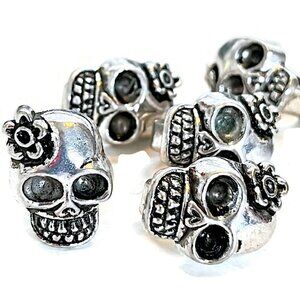 Sugar Skull Beads Dia De Los Muertos Tibetan Silver Leather Sliders 18x12mm (6)